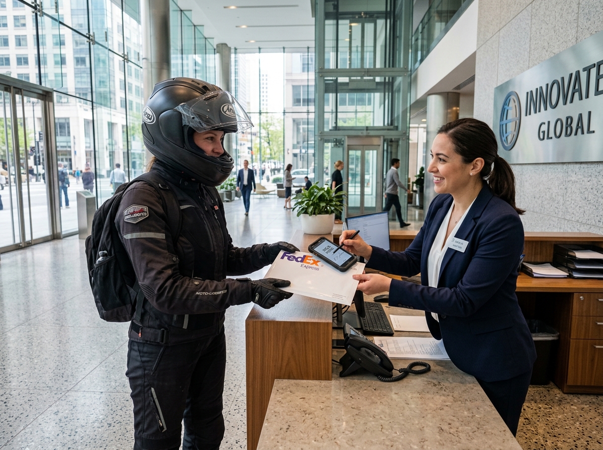 Piloto en moto entregando sobre con cargo firmado en recepción corporativa